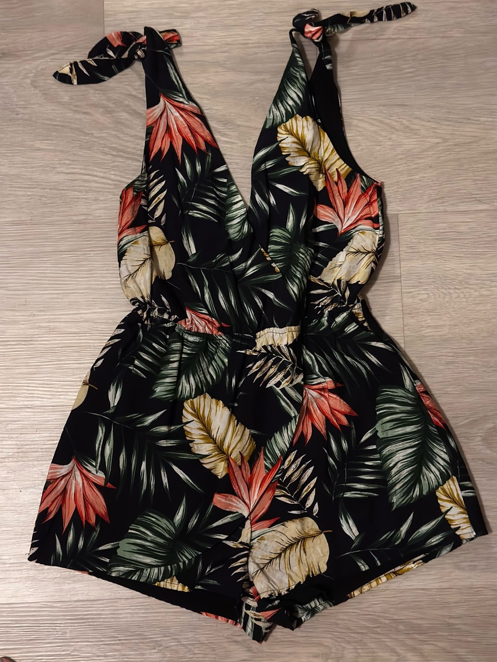 superdown Black Tropical Floral One-Piece Romper with Coral & Green Leaves